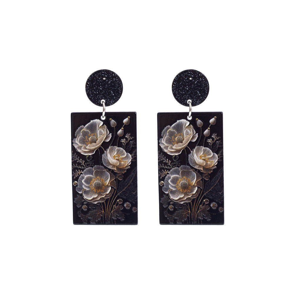 Wholesale Geometric Rectangular Poppy Flowers 3D Printed Vintage Acrylic Earrings